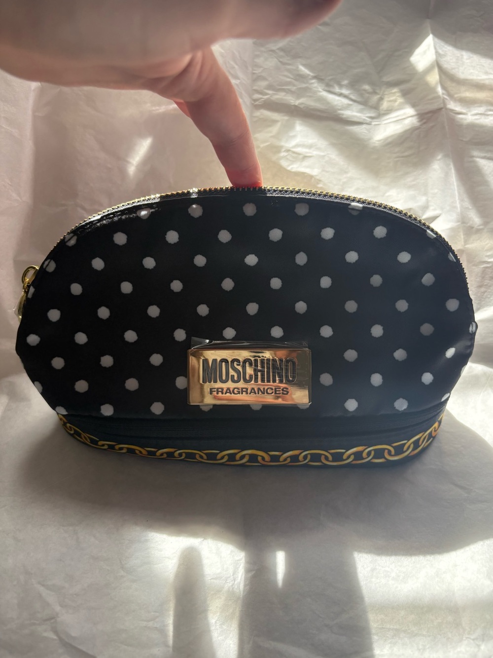 NWOT Moschino Black & White Polka Dot Cosmetic Case with Gold Plate